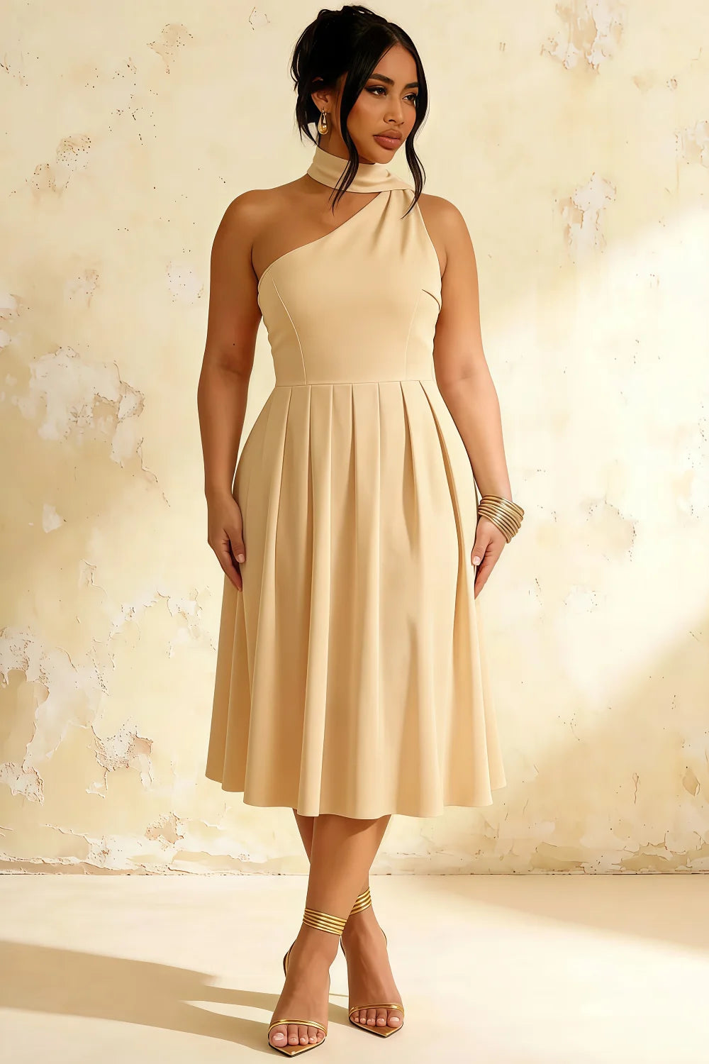 Helen One Shoulder Champagne Midi Dress with Scarf | Formal Event Wear