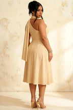 Helen One Shoulder Champagne Midi Dress with Scarf | Formal Event Wear