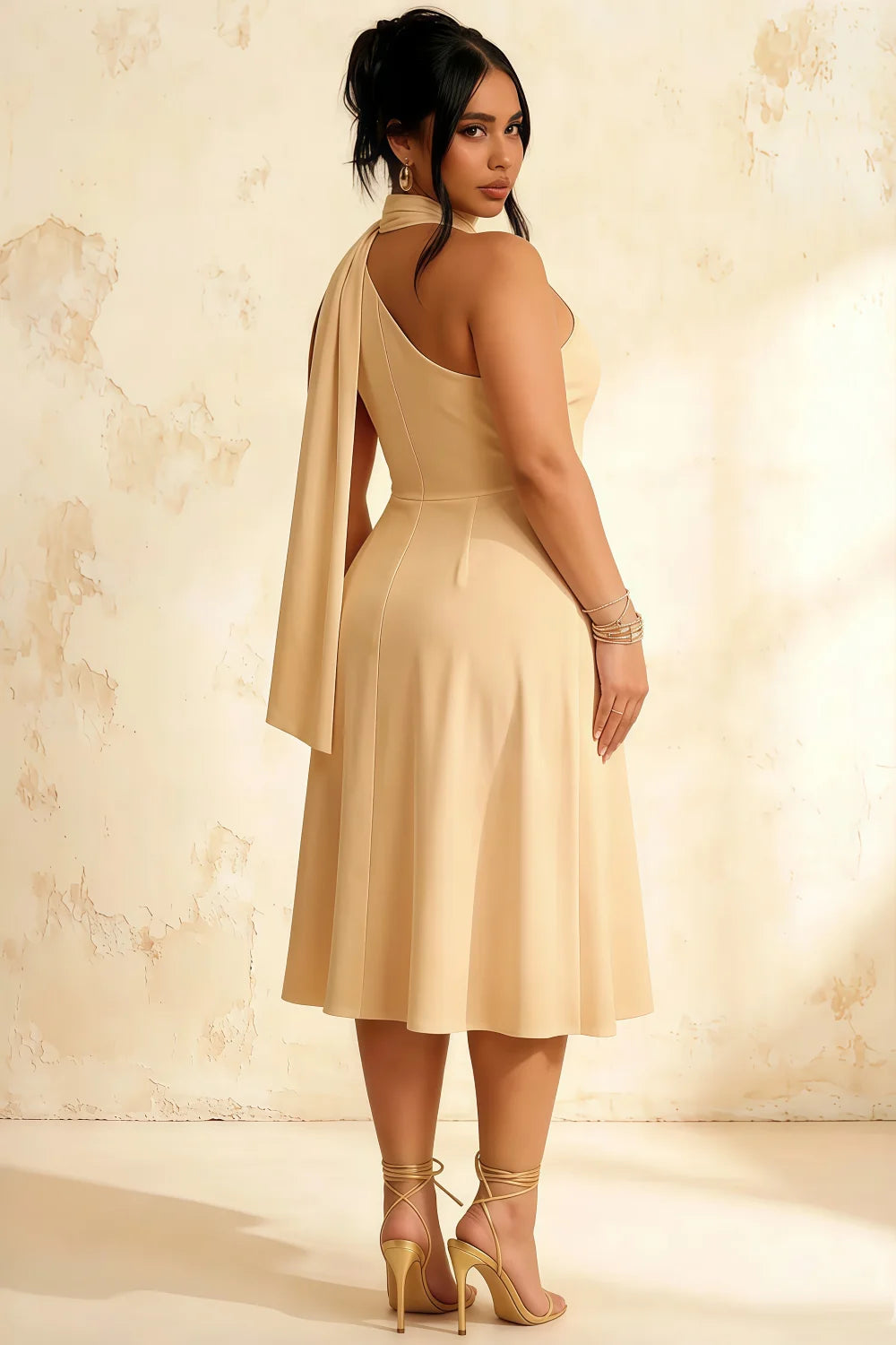 Helen One Shoulder Champagne Midi Dress with Scarf | Formal Event Wear