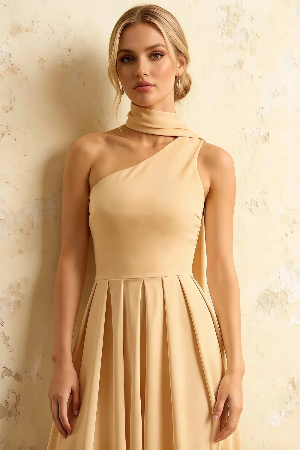 Helen One Shoulder Champagne Midi Dress with Scarf | Formal Event Wear