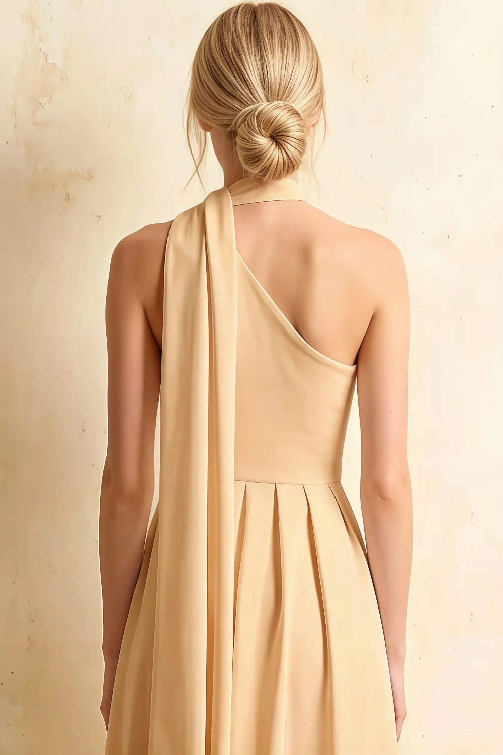 Helen One Shoulder Champagne Midi Dress with Scarf | Formal Event Wear