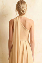 Helen One Shoulder Champagne Midi Dress with Scarf | Formal Event Wear
