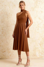 Helen One Shoulder Coffee Midi Dress with Scarf