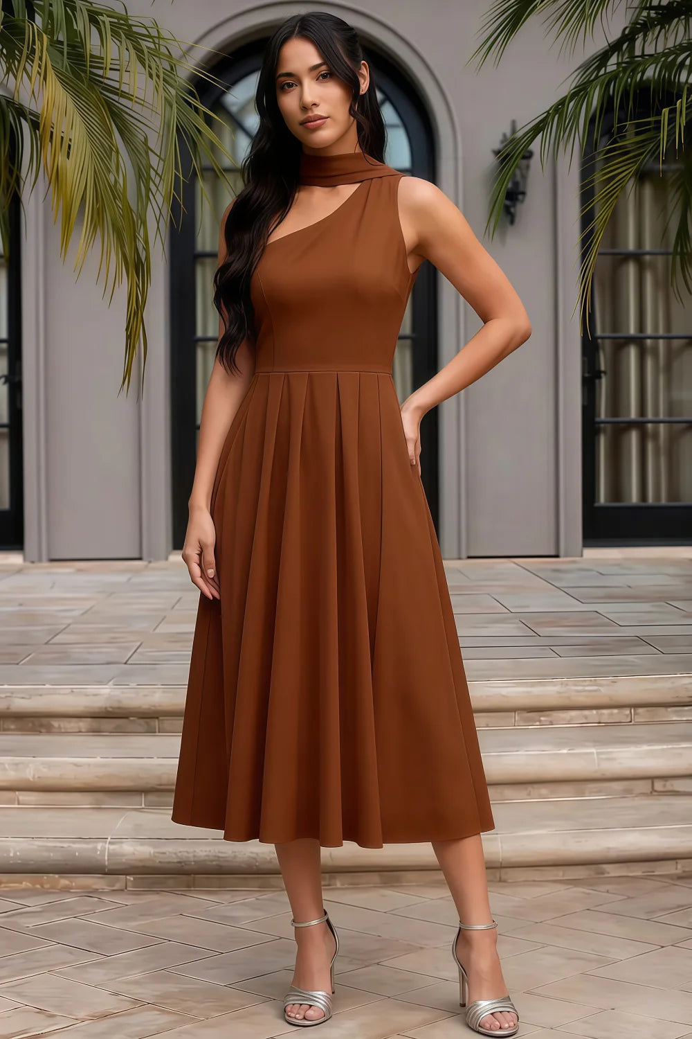 Helen One Shoulder Coffee Midi Dress with Scarf