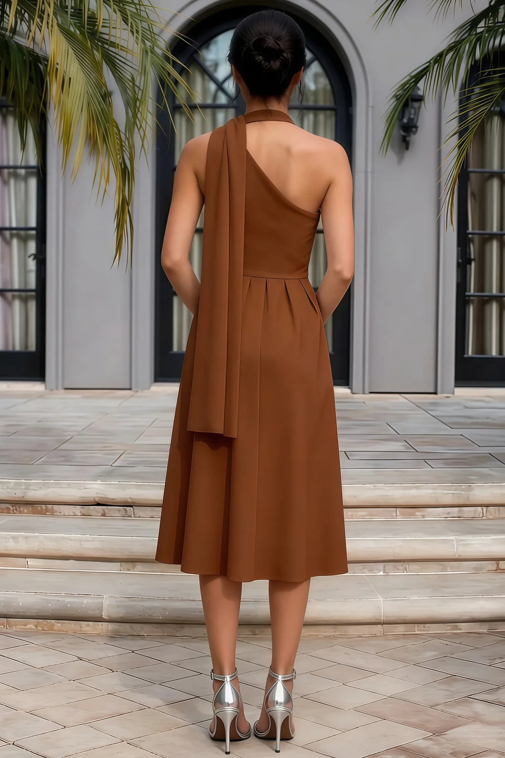 Helen One Shoulder Coffee Midi Dress with Scarf