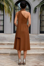 Helen One Shoulder Coffee Midi Dress with Scarf
