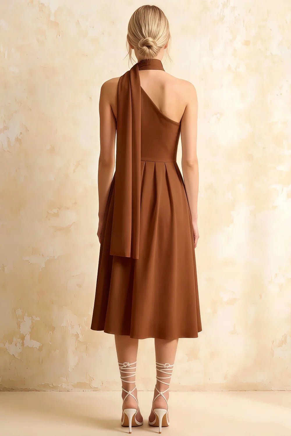 Helen One Shoulder Coffee Midi Dress with Scarf