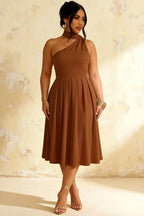 Helen One Shoulder Coffee Midi Dress with Scarf
