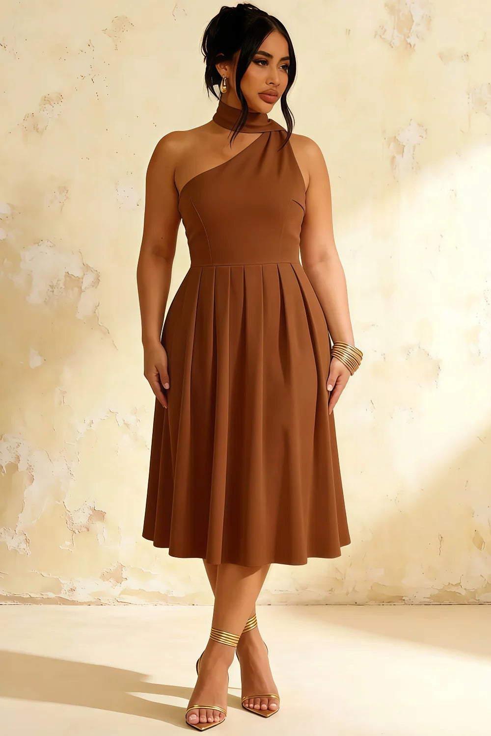Helen One Shoulder Coffee Midi Dress with Scarf