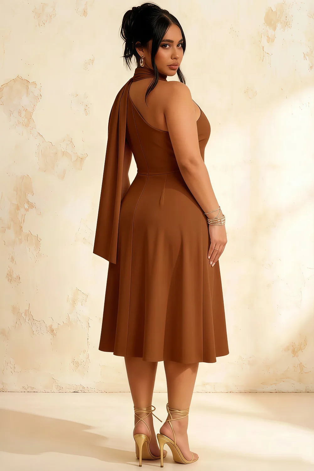 Helen One Shoulder Coffee Midi Dress with Scarf