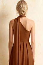 Helen One Shoulder Coffee Midi Dress with Scarf