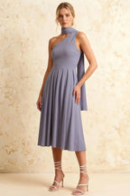 Helen One Shoulder Dusty Blue Midi Dress with Scarf | Elegant Asymmetrical Design