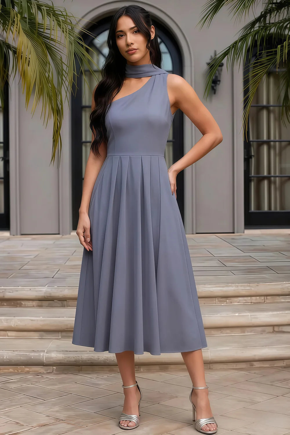 Helen One Shoulder Dusty Blue Midi Dress with Scarf | Elegant Asymmetrical Design