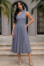 Helen One Shoulder Dusty Blue Midi Dress with Scarf | Elegant Asymmetrical Design