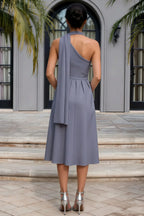 Helen One Shoulder Dusty Blue Midi Dress with Scarf | Elegant Asymmetrical Design