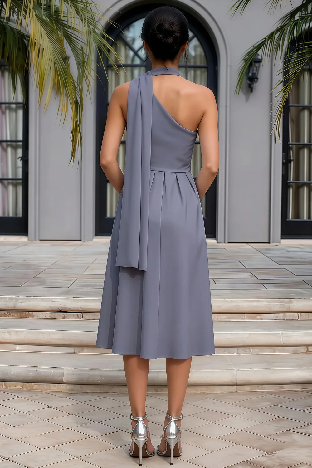 Helen One Shoulder Dusty Blue Midi Dress with Scarf | Elegant Asymmetrical Design