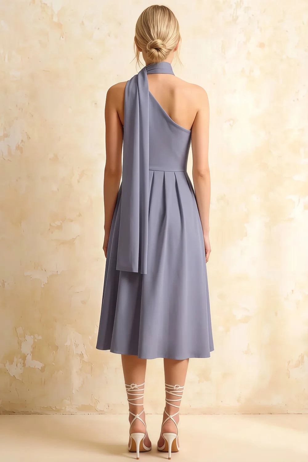 Helen One Shoulder Dusty Blue Midi Dress with Scarf | Elegant Asymmetrical Design