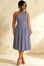 Helen One Shoulder Dusty Blue Midi Dress with Scarf | Elegant Asymmetrical Design