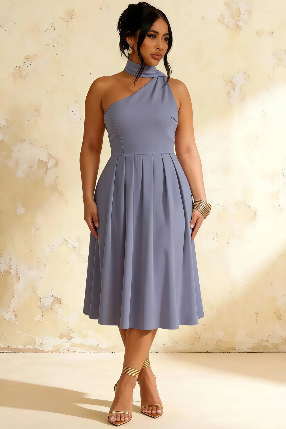 Helen One Shoulder Dusty Blue Midi Dress with Scarf | Elegant Asymmetrical Design