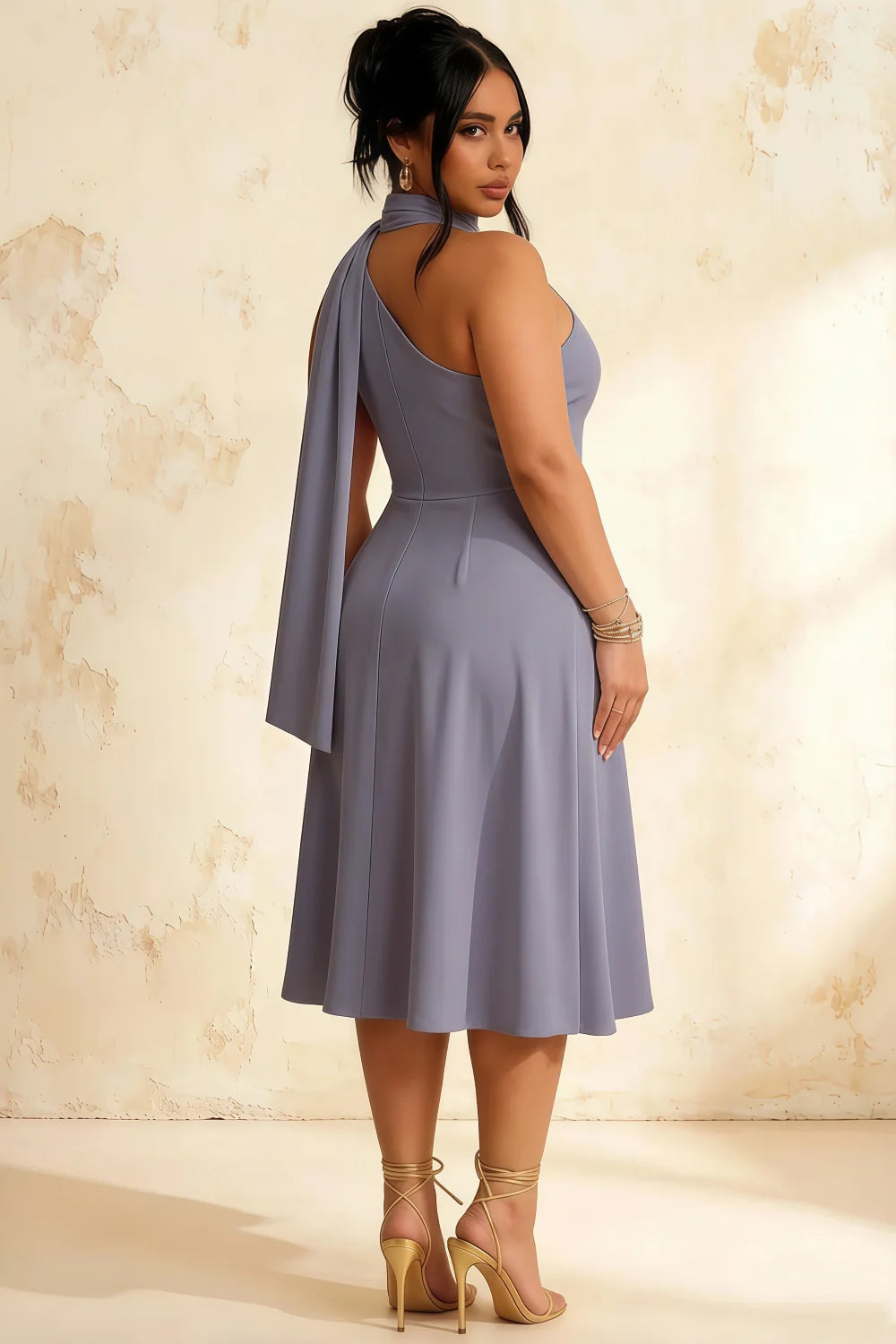 Helen One Shoulder Dusty Blue Midi Dress with Scarf | Elegant Asymmetrical Design