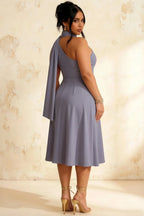 Helen One Shoulder Dusty Blue Midi Dress with Scarf | Elegant Asymmetrical Design