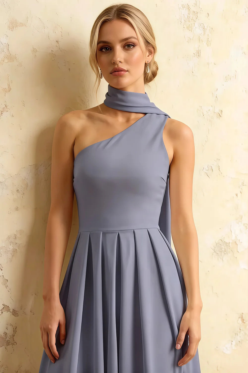 Helen One Shoulder Dusty Blue Midi Dress with Scarf | Elegant Asymmetrical Design