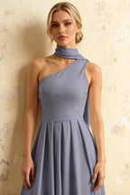 Helen One Shoulder Dusty Blue Midi Dress with Scarf | Elegant Asymmetrical Design