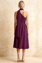 Helen One Shoulder Grape Midi Dress with Scarf | Elegant A-Line Asymmetric Dress for Wedding & Party