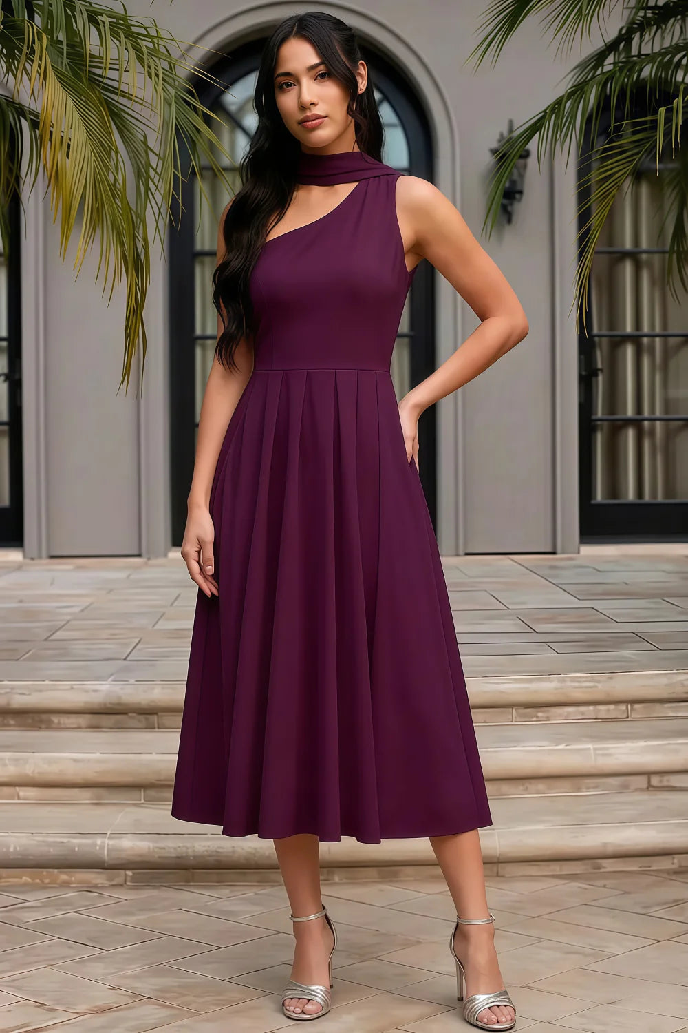 Helen One Shoulder Grape Midi Dress with Scarf | Elegant A-Line Asymmetric Dress for Wedding & Party