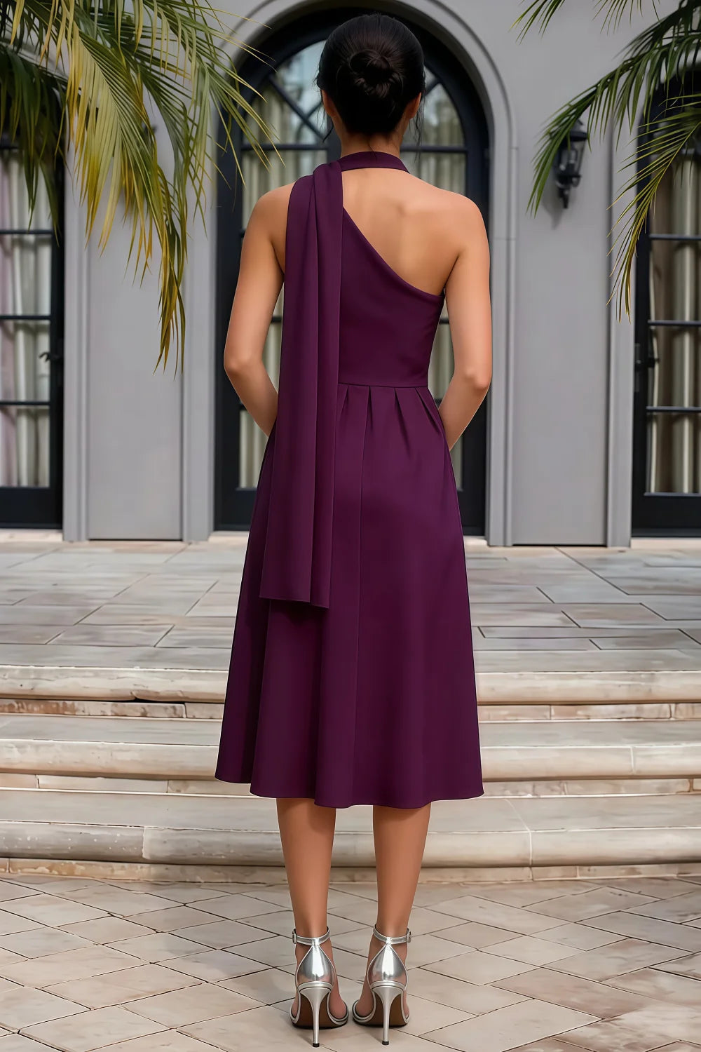 Helen One Shoulder Grape Midi Dress with Scarf | Elegant A-Line Asymmetric Dress for Wedding & Party