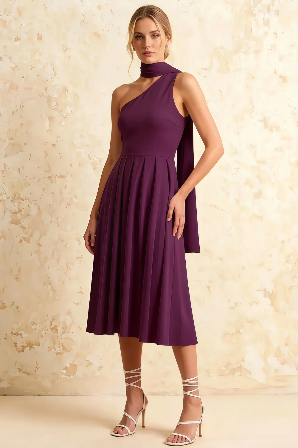 Helen One Shoulder Grape Midi Dress with Scarf | Elegant A-Line Asymmetric Dress for Wedding & Party