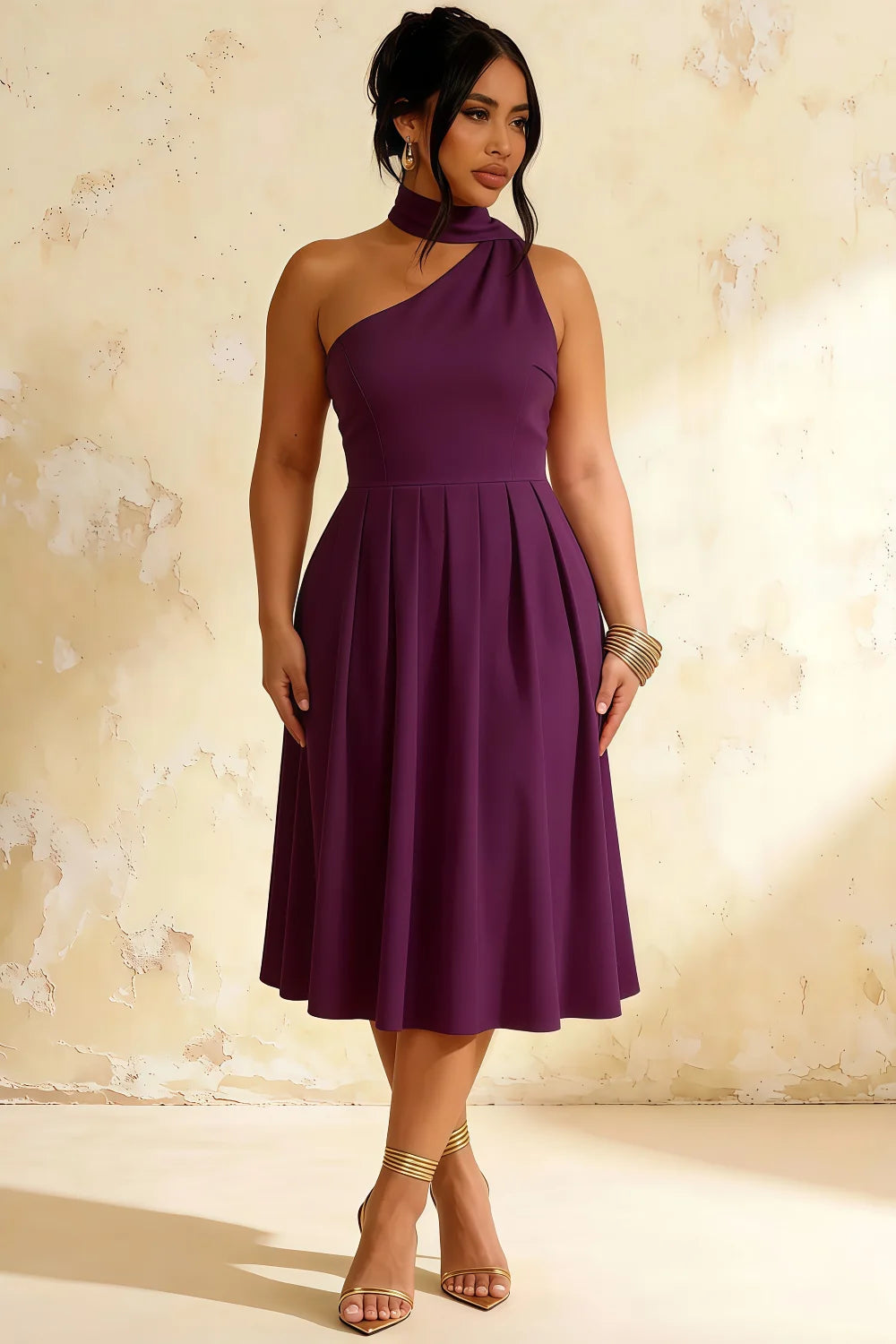 Helen One Shoulder Grape Midi Dress with Scarf | Elegant A-Line Asymmetric Dress for Wedding & Party