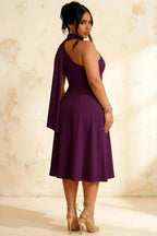 Helen One Shoulder Grape Midi Dress with Scarf | Elegant A-Line Asymmetric Dress for Wedding & Party