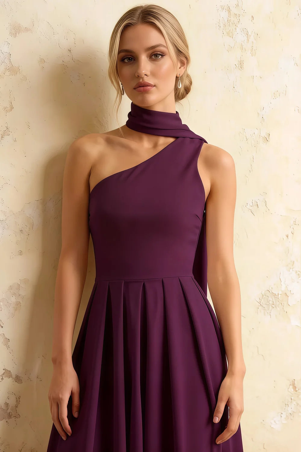 Helen One Shoulder Grape Midi Dress with Scarf | Elegant A-Line Asymmetric Dress for Wedding & Party
