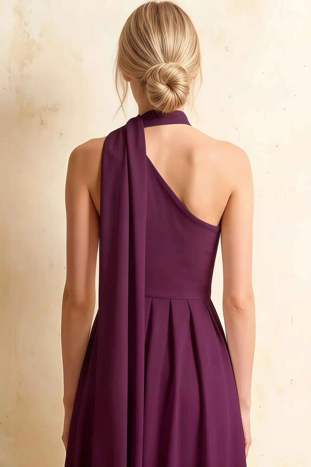 Helen One Shoulder Grape Midi Dress with Scarf | Elegant A-Line Asymmetric Dress for Wedding & Party