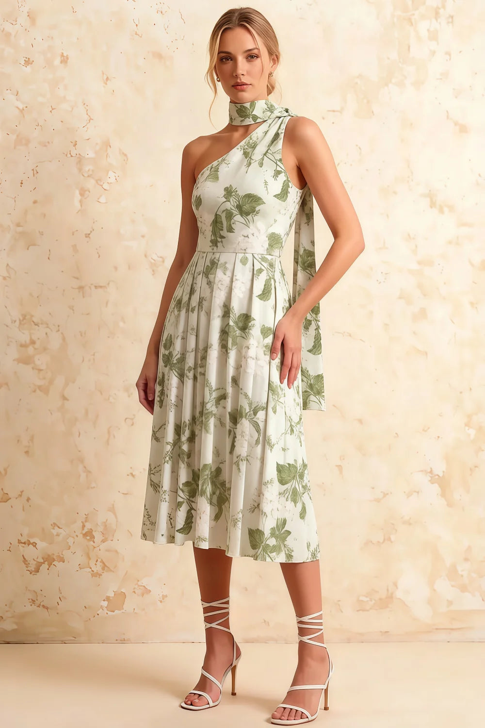 Helen One Shoulder Sage Green Floral Midi Dress with Scarf | Elegant A-Line Dress for Wedding Guest