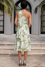 Helen One Shoulder Sage Green Floral Midi Dress with Scarf | Elegant A-Line Dress for Wedding Guest