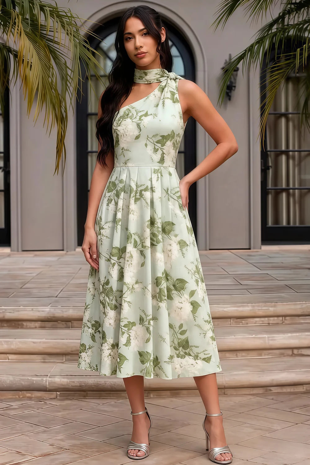 Helen One Shoulder Sage Green Floral Midi Dress with Scarf | Elegant A-Line Dress for Wedding Guest