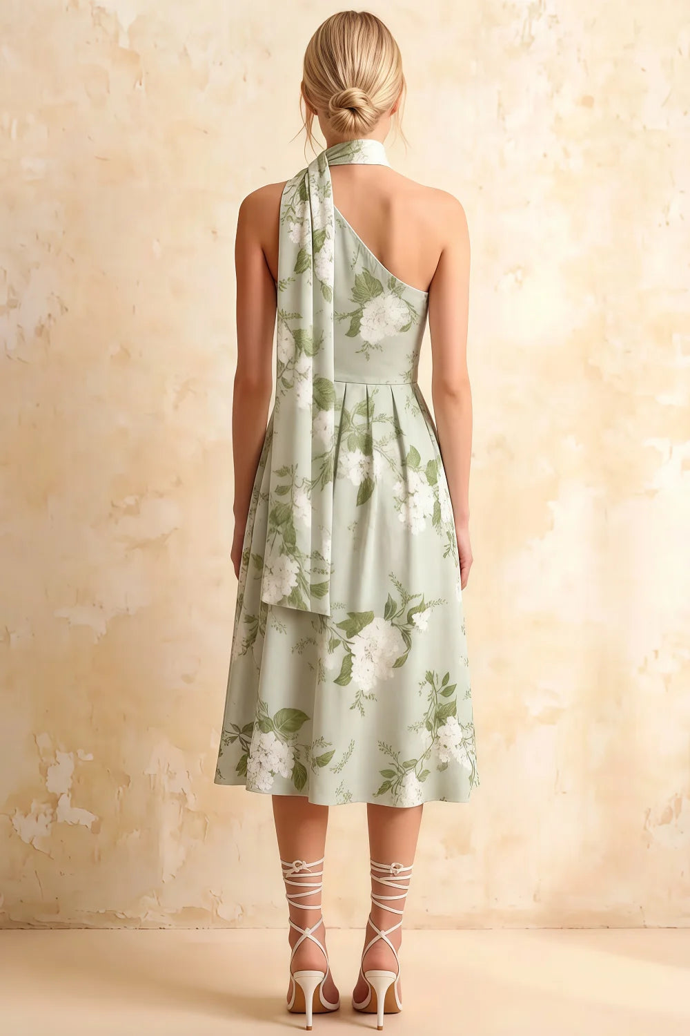 Helen One Shoulder Sage Green Floral Midi Dress with Scarf | Elegant A-Line Dress for Wedding Guest