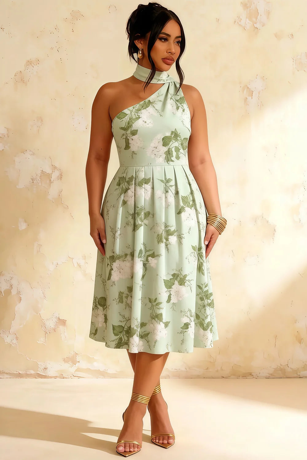 Helen One Shoulder Sage Green Floral Midi Dress with Scarf | Elegant A-Line Dress for Wedding Guest