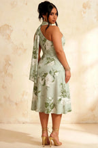 Helen One Shoulder Sage Green Floral Midi Dress with Scarf | Elegant A-Line Dress for Wedding Guest