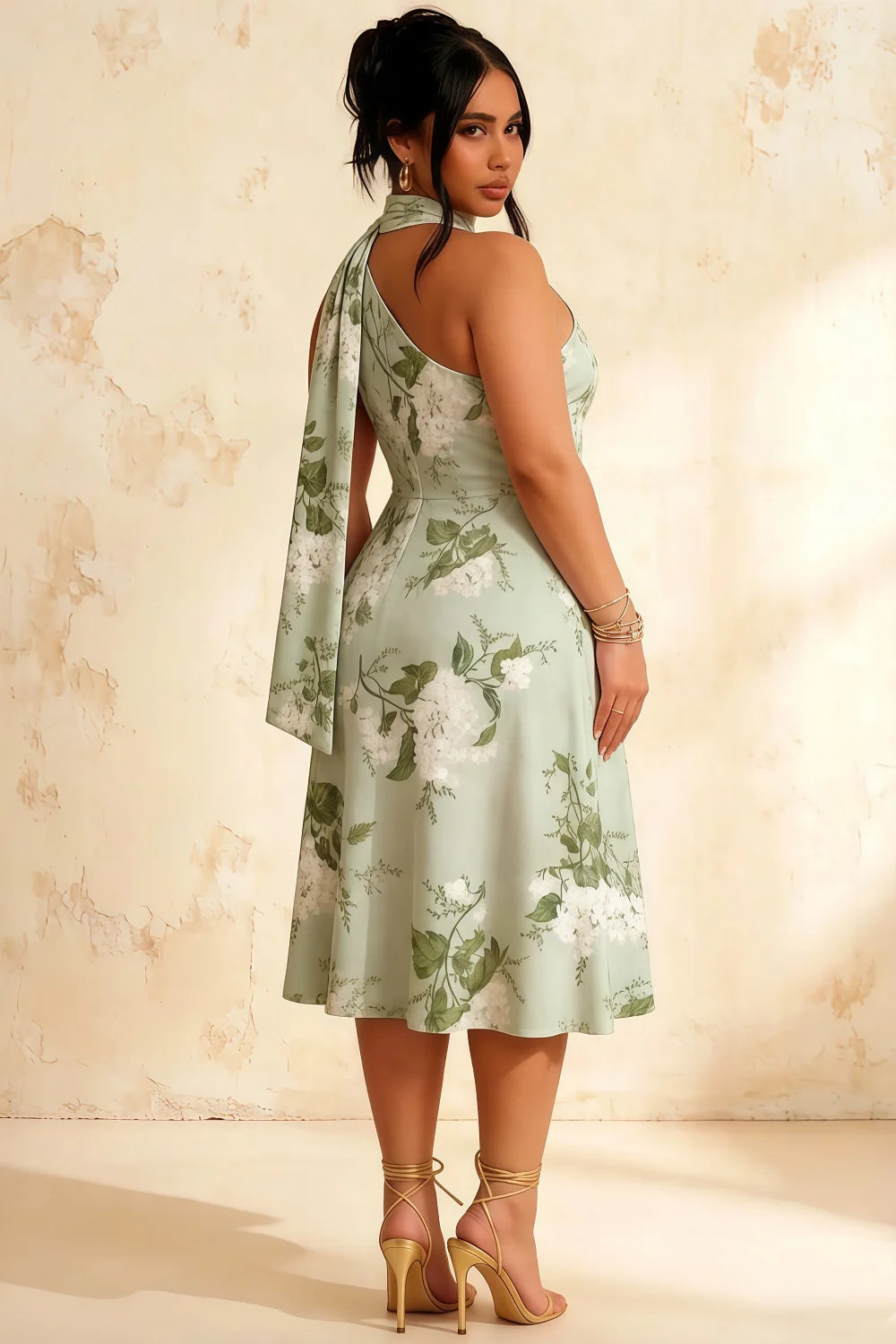 Helen One Shoulder Sage Green Floral Midi Dress with Scarf | Elegant A-Line Dress for Wedding Guest