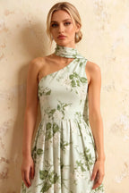 Helen One Shoulder Sage Green Floral Midi Dress with Scarf | Elegant A-Line Dress for Wedding Guest