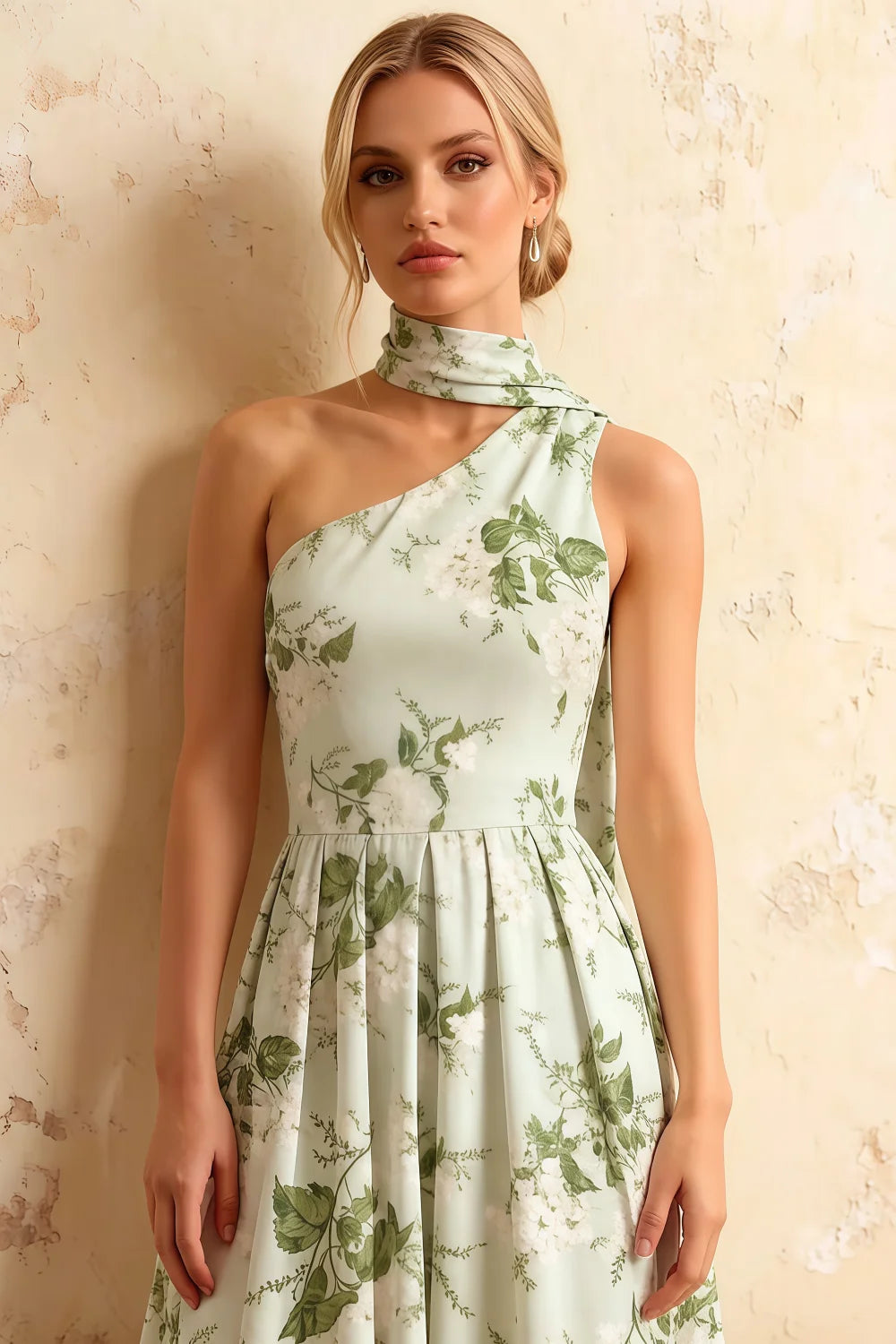 Helen One Shoulder Sage Green Floral Midi Dress with Scarf | Elegant A-Line Dress for Wedding Guest