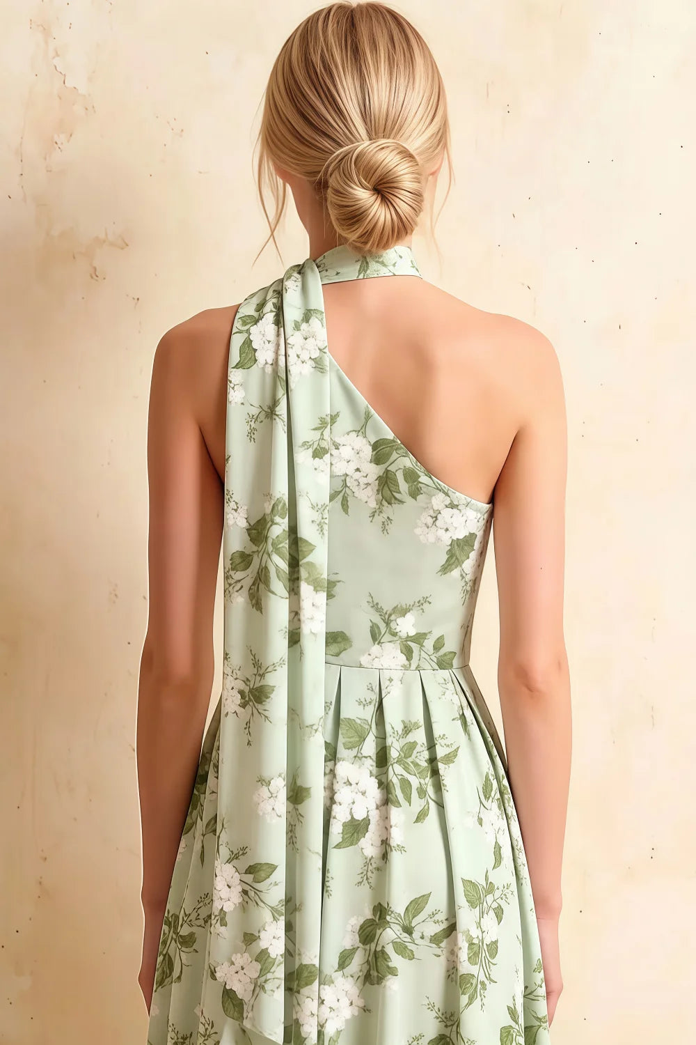 Helen One Shoulder Sage Green Floral Midi Dress with Scarf | Elegant A-Line Dress for Wedding Guest