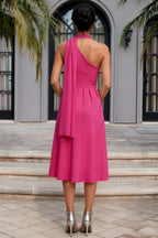 Helen One Shoulder Hot Pink Midi Dress with Scarf | Elegant Evening Wear