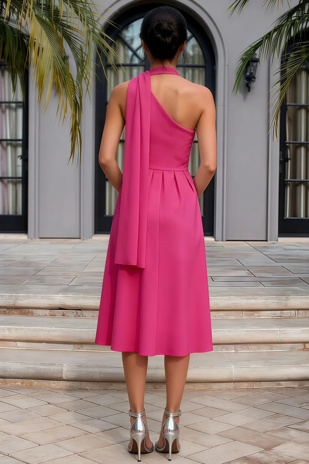 Helen One Shoulder Hot Pink Midi Dress with Scarf | Elegant Evening Wear
