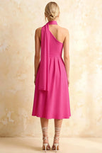 Helen One Shoulder Hot Pink Midi Dress with Scarf | Elegant Evening Wear