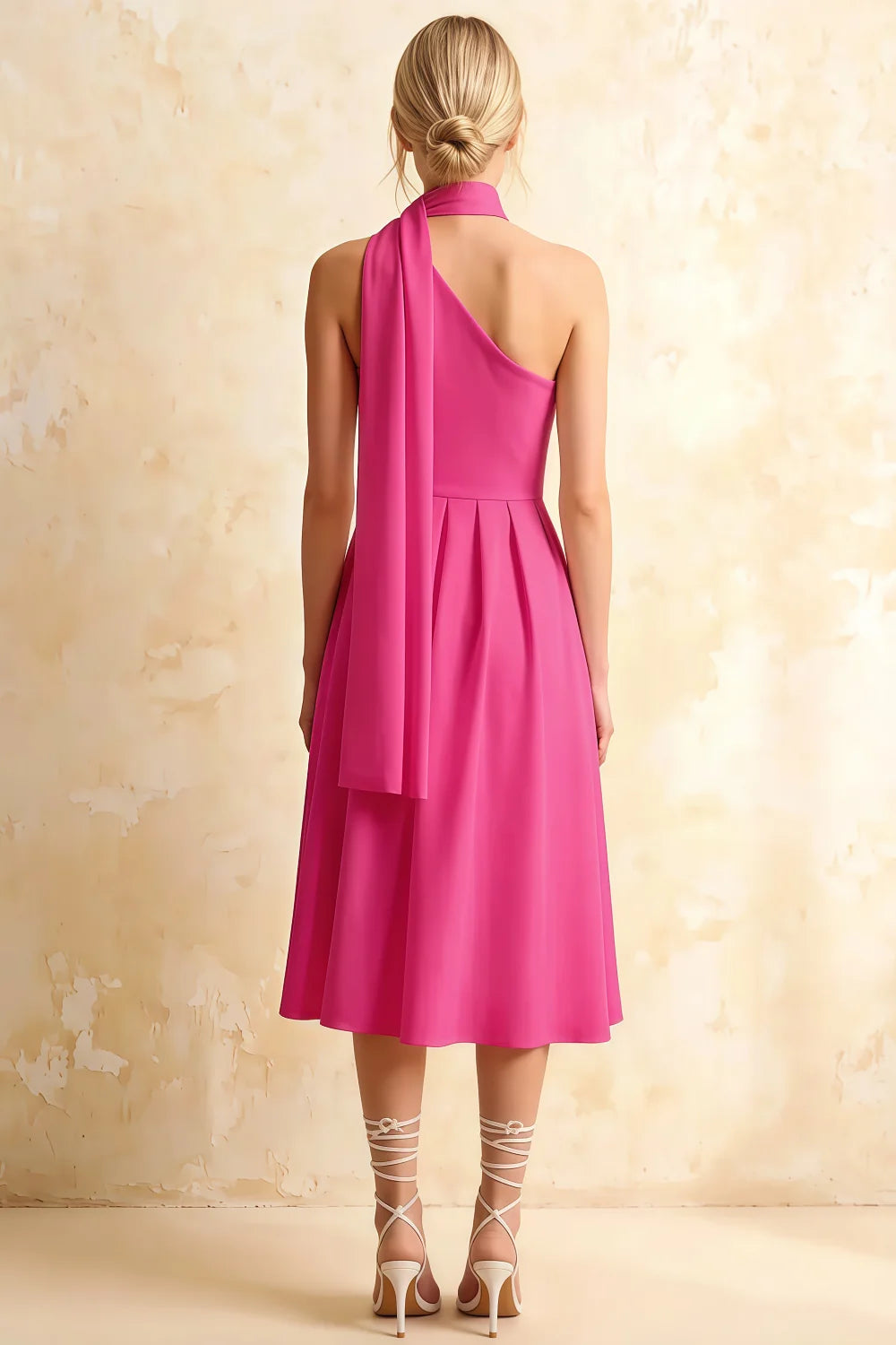 Helen One Shoulder Hot Pink Midi Dress with Scarf | Elegant Evening Wear