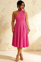 Helen One Shoulder Hot Pink Midi Dress with Scarf | Elegant Evening Wear